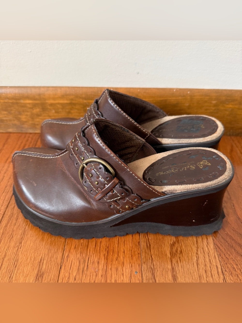 Self Esteem Brown Leather Wedge Clogs with Buckle Detail Size 7-7.5